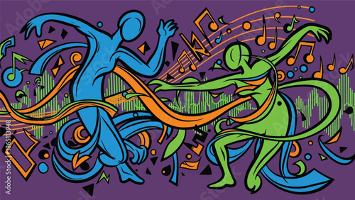 Graffiti-inspired urban mural vector featuring abstract dancing figures surrounded by sound waves and rhythmic motion, flat design ideal for music culture posters and dynamic wallpapers