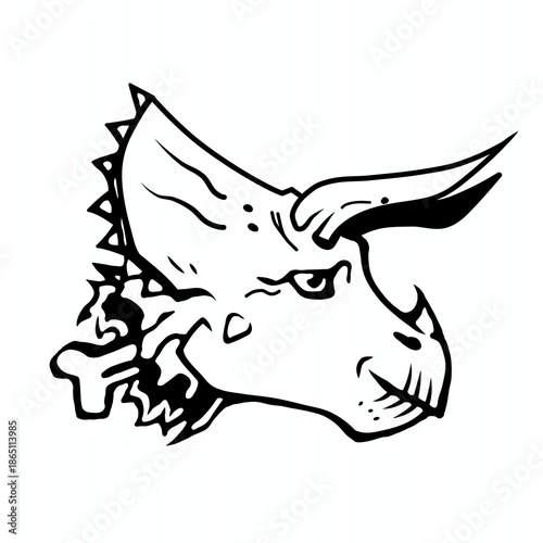 A bold black-and-white illustration of a dragon-like creature’s head in profile, featuring sharp horns, scales, and an intense, aggressive expression.
