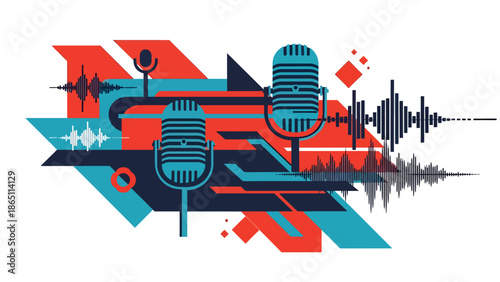 Music-themed urban mural vector illustration featuring abstract microphone and sound wave motifs with bold outlines and layered shapes, ideal for music posters, wallpapers, and creative branding