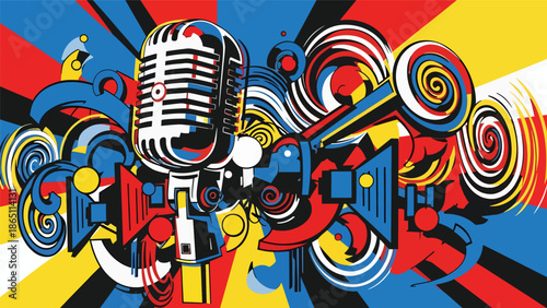 Music-themed urban mural vector illustration featuring abstract microphone and sound wave motifs with bold outlines and layered shapes, ideal for music posters, wallpapers, and creative branding