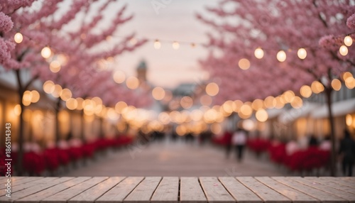 Blurred Cherry Blossom Festival with String Lights and Wooden Table.