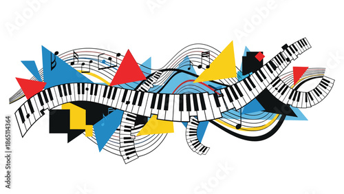 Urban music mural vector illustration combining abstract piano keys, flowing lines, and geometric street art patterns, flat design ideal for modern music posters and wallpapers