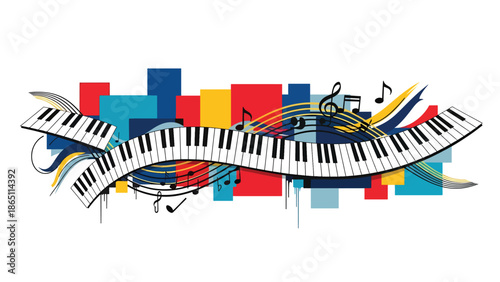 Urban music mural vector illustration combining abstract piano keys, flowing lines, and geometric street art patterns, flat design ideal for modern music posters and wallpapers