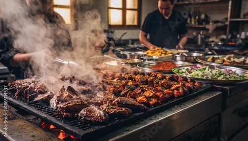Chef Grilling Delicious Meats and Vegetables in a Busy Kitchen.