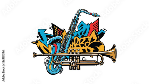 Urban mural vector illustration featuring abstract saxophone and trumpet shapes blended with dynamic street patterns, music-themed graffiti style ideal for jazz posters and wallpapers