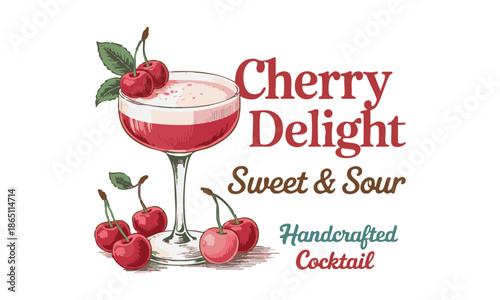 Cherry cocktail drink illustration in vintage flat style 
vector isolated on white background, easily editable.