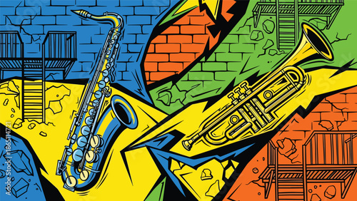 Urban mural vector illustration featuring abstract saxophone and trumpet shapes blended with dynamic street patterns, music-themed graffiti style ideal for jazz posters and wallpapers