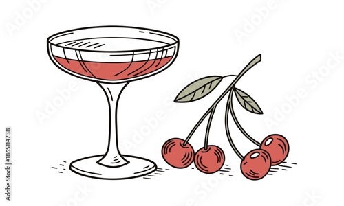 Hand drawn cherry cocktail drink in flat vector style
 illustration in flat style, easily editable.
