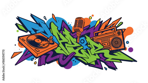 Urban graffiti-style mural vector inspired by hip-hop music culture using abstract shapes, bold lines, and rhythmic motion, flat design ideal for youth music branding and wallpapers