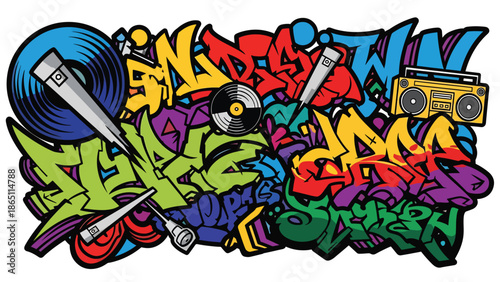 Urban graffiti-style mural vector inspired by hip-hop music culture using abstract shapes, bold lines, and rhythmic motion, flat design ideal for youth music branding and wallpapers