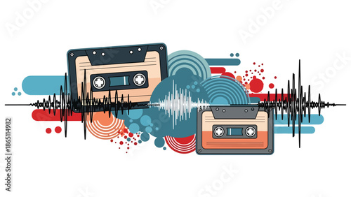 Music-themed urban mural vector illustration featuring abstract cassette tape shapes and sound waves, retro-inspired graffiti style ideal for music wallpapers and creative posters