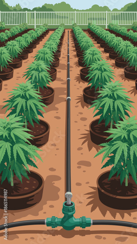 Outdoor Cannabis Cultivation with Drip Irrigation System, cannabis cultivation concept
