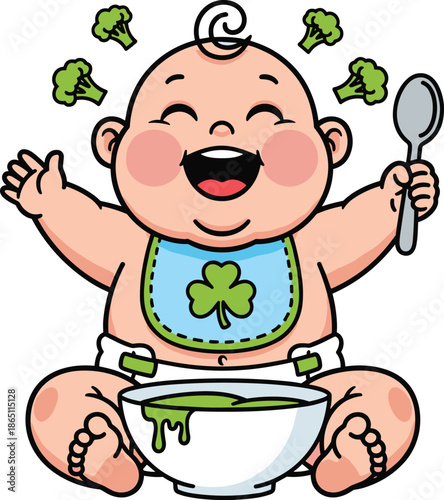 Cartoon baby eating broccoli puree, joyful expression, healthy food theme, flat vector illustration, cute nutrition mascot icon