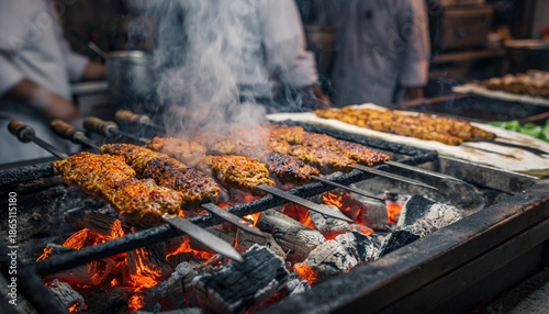 Delicious Kebabs Grilling Over Hot Coals at an Outdoor Food Stall.