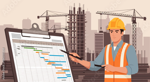 Construction Project Manager Reviewing Gantt Chart on Clipboard.