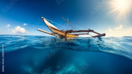 outrigger. Traditional canoe with wooden outrigger on calm blue ocean under tropical sun. mobility guides, transit brochures, designed for mobility and urban transit guides.

