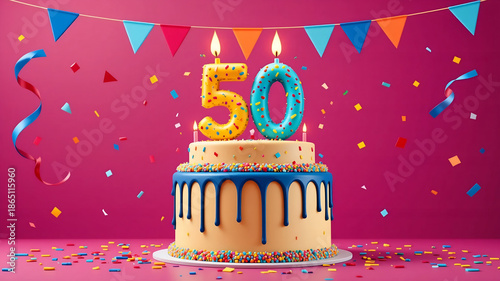 Colorful 50th birthday cake with number candles on pink background - ideal for milestone anniversary celebrations, festive party invitations, and golden jubilee greeting cards.