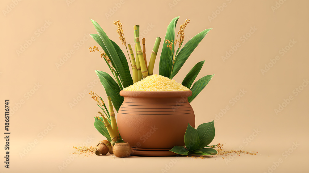 Fototapeta premium Clay Pot with Yellow Rice and Sugarcane Stalks Surrounded by Green Leaves. Representing Makar Sankranti. Pongal. Hindu. Tamil Nadu.