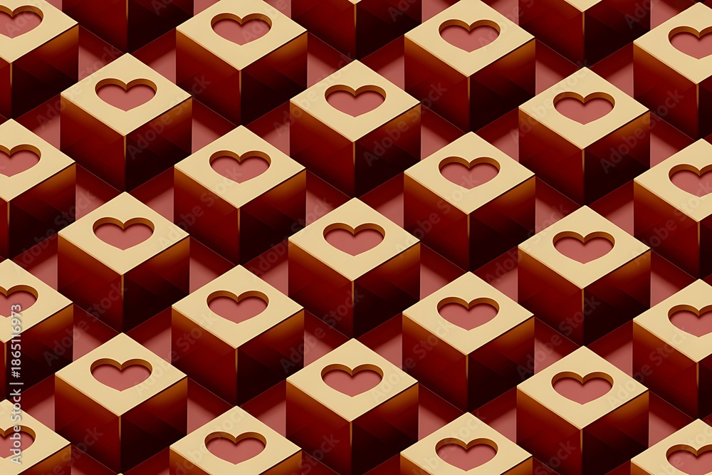 Obraz premium Valentine's Day Isometric Grid: Seamless 3D Pattern of Golden Cubes with Red Heart Cutouts