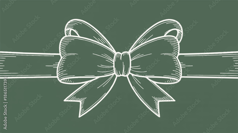 Fototapeta premium A white line drawing of a decorative bow on a dark green background. 