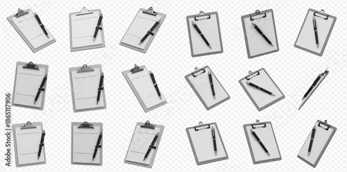 Set of many white clipboards with blank paper sheets and black pens, isolated on transparent background.