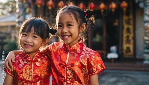 Two smiling young Asian girls in traditional red Chinese New Year outfits.