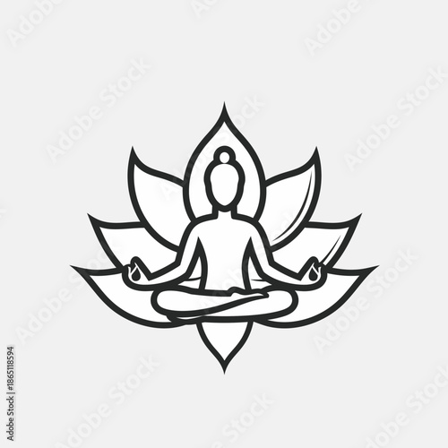Meditating figure in lotus position with simple outline in black and white