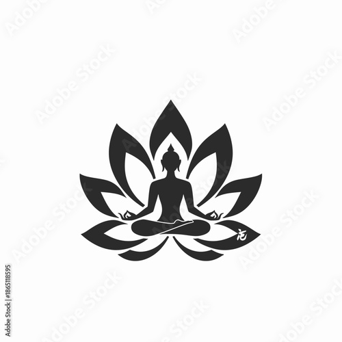 Meditating figure silhouetted within lotus flower on white background