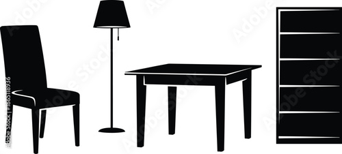 Silhouettes of a chair table lamp and bookshelf on white background