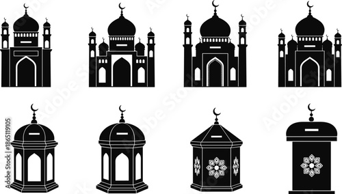 Islamic mosque silhouette, donation box icon, crescent moon dome, charity vector design, cultural architecture symbol, cad drawing flat vector illustration