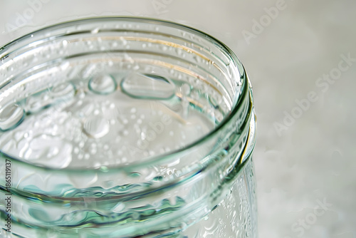 Transparent Gel Texture in Glass Jar with Bubbles and Reflections