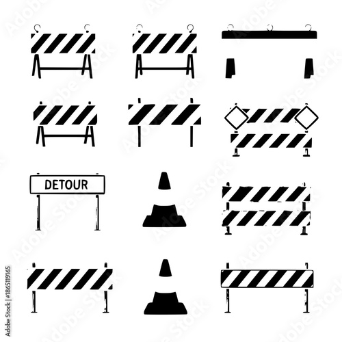 Traffic road repair barriers and safety barricade set city construction vector