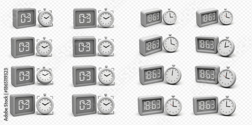 Set of 3D rendered digital and analog clocks with various times displayed on a transparent background.
