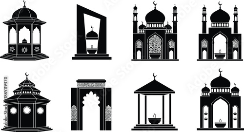 Islamic mosque silhouette, Ramadan lanterns, crescent moon, black vector icons, cultural heritage, religious buildings, spiritual symbols, editable CAD drawing flat vector illustration