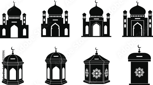 Mosque silhouette icon, donation box vector, Islamic architecture symbol, crescent dome design, charity container illustration, cad drawing flat vector illustration