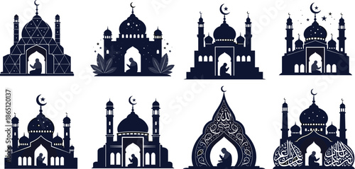 Mosque silhouette, Islamic prayer, Muslim worship, crescent moon, Arabic calligraphy, vector art, religious devotion, architecture, flat design, cad drawing flat vector illustration