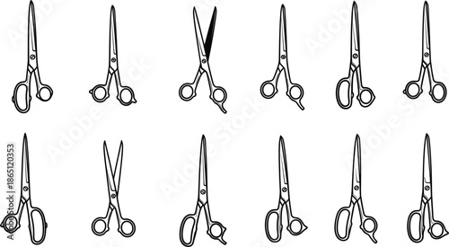 Scissors vector set featuring multiple cutting tool shapes for office tailoring craft and hairdressing applications
