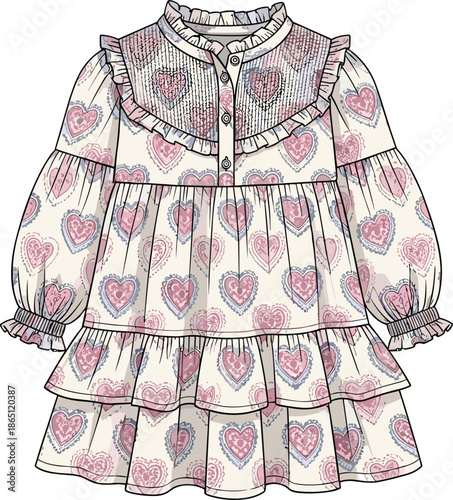 Girls ruffle dress illustration, heart pattern children clothing design, long sleeve frock with layered skirt, cute kids fashion apparel, pastel outfit, technical flat sketch