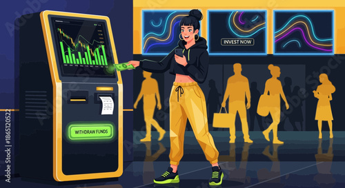 Woman Using Cryptocurrency ATM with Stock Market Display.