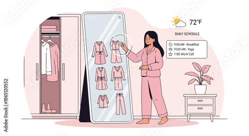 Woman using smart mirror to plan outfit in bedroom.