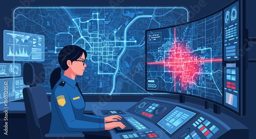 Woman Monitoring City on Screens in Control Room.
