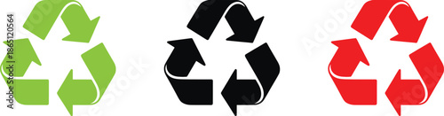 Recycling symbols in green, black, and red colors on a white background viewed from directly above.