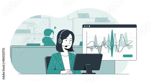 Customer service representative analyzing data on a computer screen.