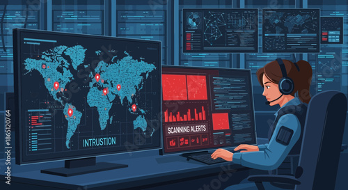 Cybersecurity Analyst Monitoring Global Threats on Multiple Screens.