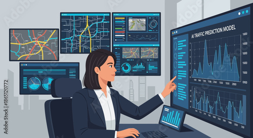 Data analyst working with traffic prediction model on multiple screens.