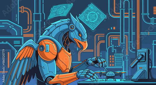 Cyborg Griffin Working at Computer Station with Futuristic Interface.