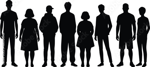 Diverse group of people silhouettes standing together full body front view isolated white background community society concept illustration