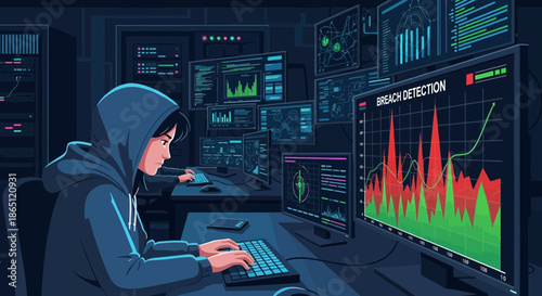 Focused Hacker Analyzing Data on Multiple Screens in Dark Room.