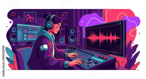 Focused Music Producer Working on Audio Editing in Studio.