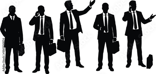 Businessman silhouette set with briefcase talking phone presenting gestures isolated white background corporate professional communication concept illustration